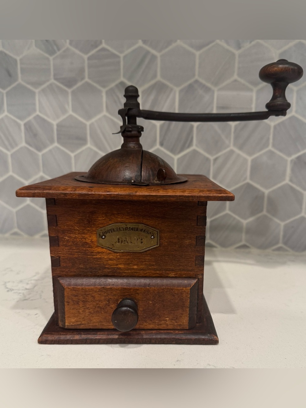 Vintage 19030’s French DALTO Coffee Grinder Wood Box Manual Hand Crank Burr Mill